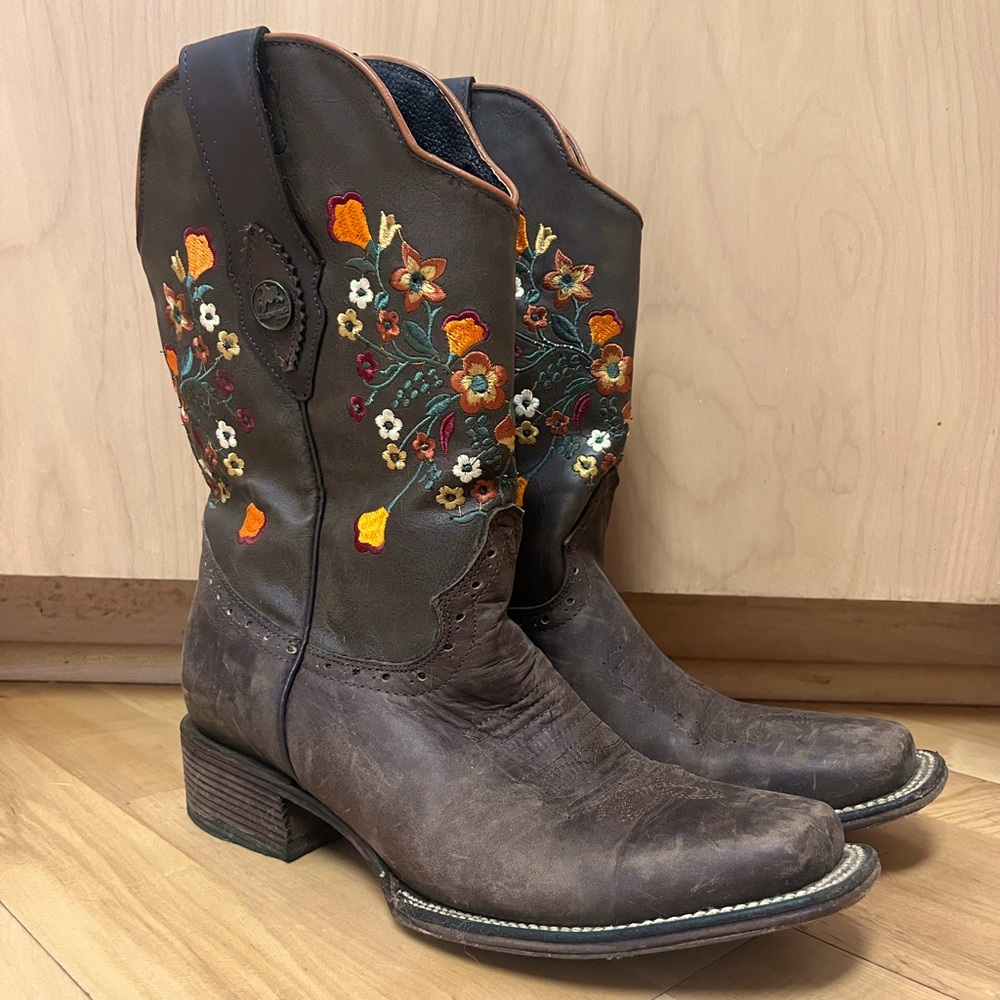 Brown Chaparrall Cowboy Boots with Embroidered Flower Details
